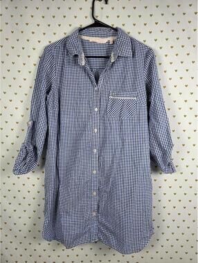 Victorias Secret Gingham Blue Long Sleeve Nightgown Sleep Shirt Button Down MED